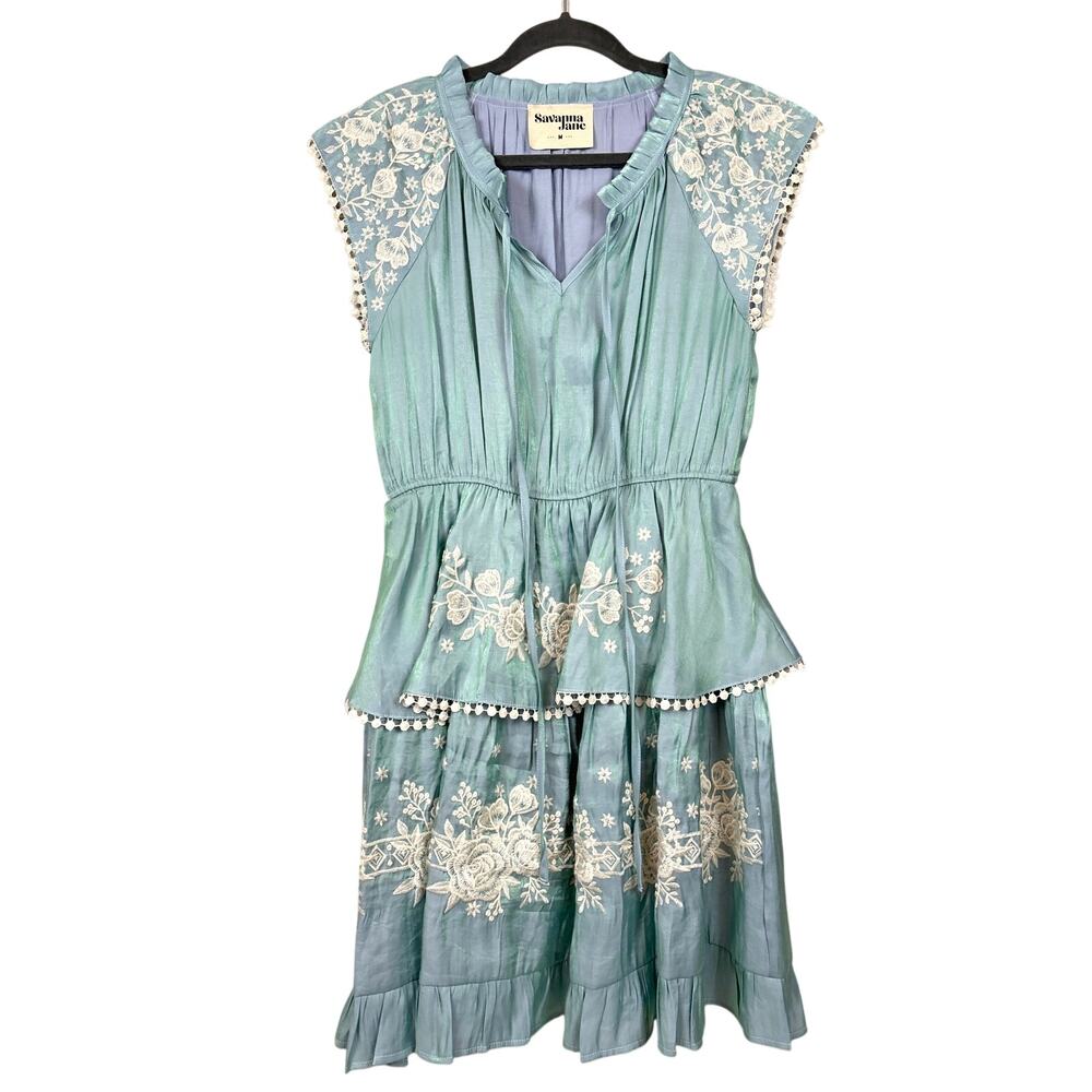 Savanna Jane Womens M Blue Iridescent Floral Embroidered Boho Mini Dress NEW